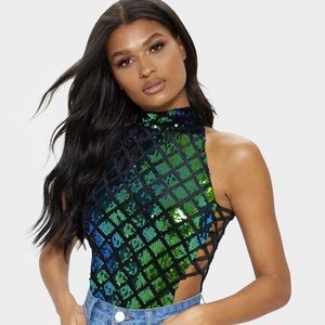 PLT blue/green sequin bodysuit